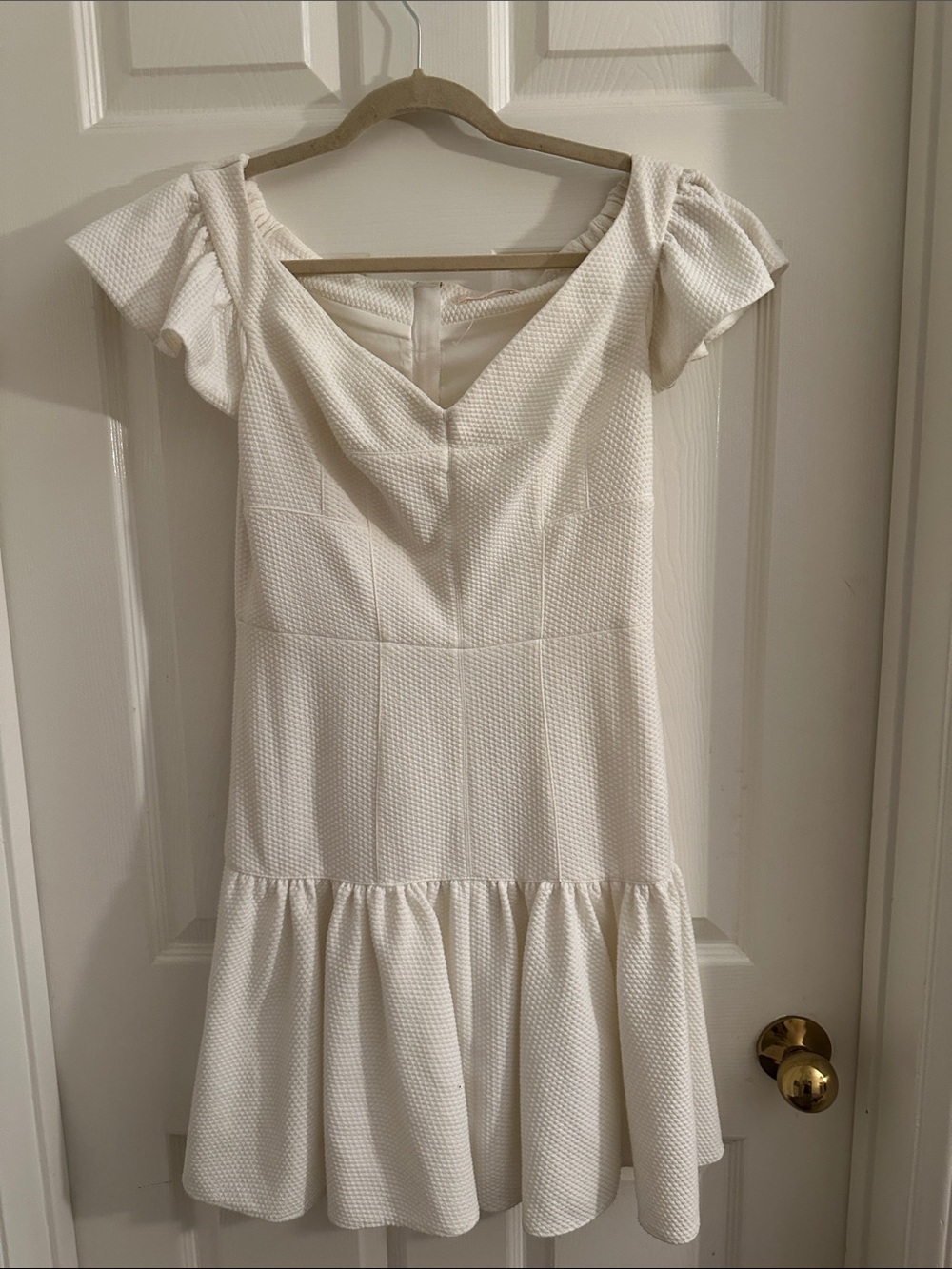 Rebecca Taylor Cream Textured V-Neck Ruffle Hem Mini Dress